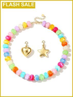 Boho Chunky Beaded Necklace 3-in-1 Interchangeable Gold Charms Women